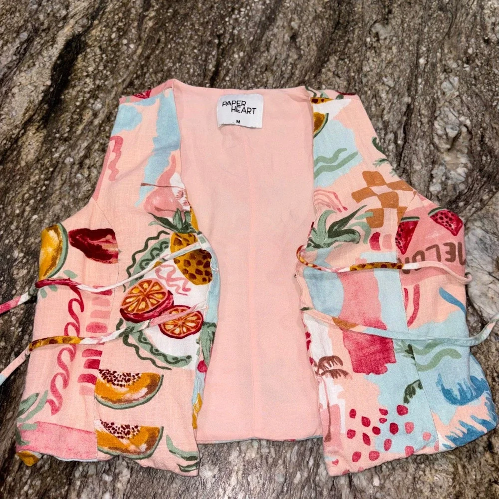 Tropical Summer Linen Blend Tie Front Vest Womens M Pink Paper Heart